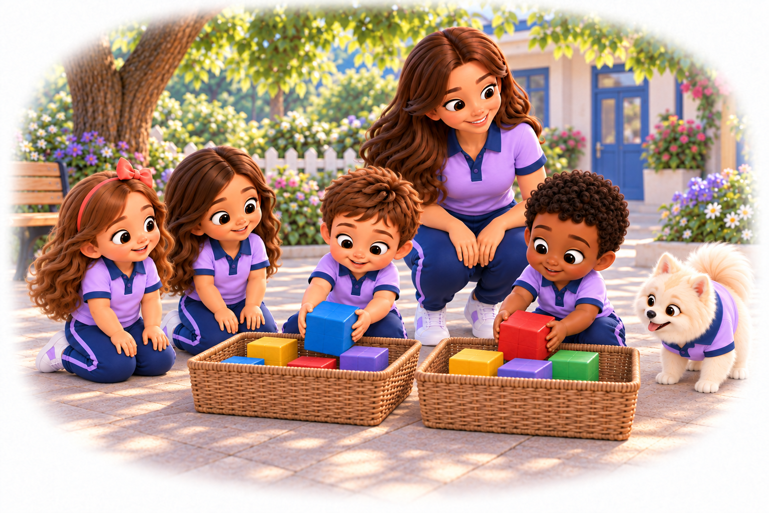 Bia acompanha quatro crianças pequenas junto a cestos de brinquedos; duas observam e duas organizam peças, com Mike ao lado.
