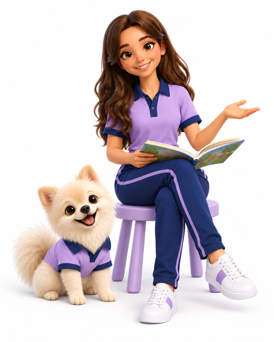 Bia, tutora adulta, sentada com um livro ao lado de Mike, seu cão Lulu da Pomerânia